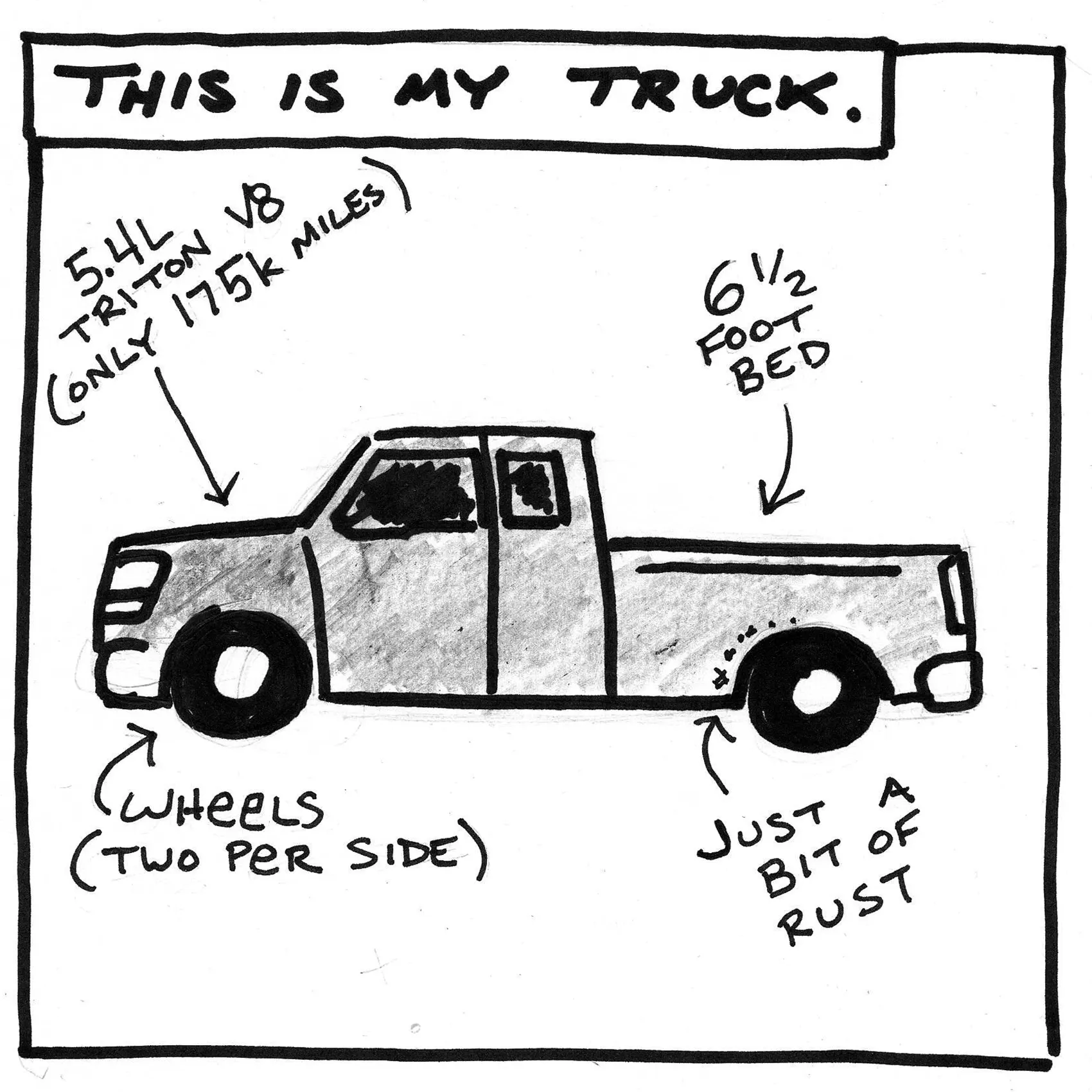 Comic panel: a hand-drawn pickup truck labeled “This is my truck,” with a 5.4L V8, 6½ foot bed, wheels, and just a bit of rust.